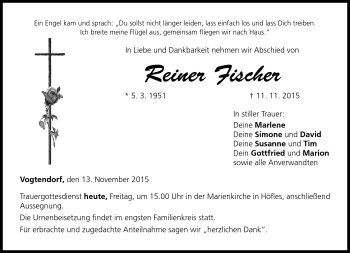 Traueranzeige von Reiner Fischer von Neue Presse Coburg