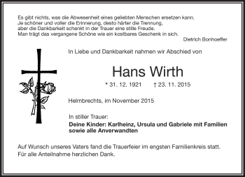 Traueranzeige von Hans Wirth von Frankenpost