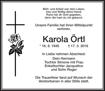 Traueranzeige von Karola Örtl von Frankenpost