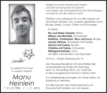 Traueranzeige von Manu Heinlein von Neue Presse Coburg