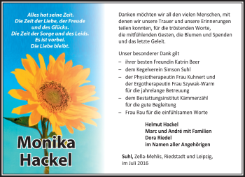Traueranzeige von Monika Hackel von Südthüringer Presse
