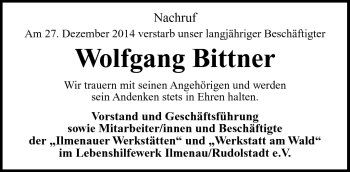 Traueranzeige von Wolfgang Bittner von Südthüringer Presse