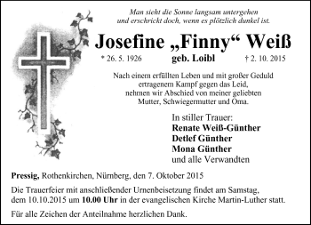 Traueranzeige von Josefine Weiß von Neue Presse Coburg