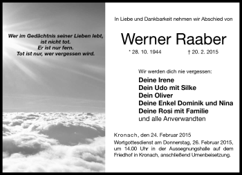 Traueranzeige von Werner Raaber von Neue Presse Coburg
