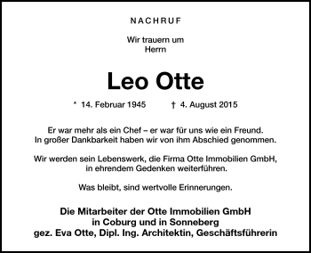 Traueranzeige von Leo Otte von Neue Presse Coburg