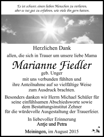 Traueranzeige von Marianne Fiedler von Südthüringer Presse