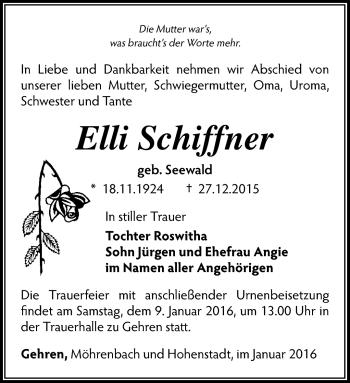 Traueranzeige von Elli Schiffner von Südthüringer Presse