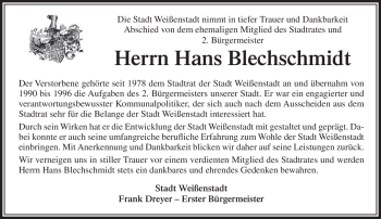 Traueranzeige von Hans Blechschmidt von Frankenpost