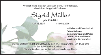 Traueranzeige von Sigrid Müller von Neue Presse Coburg