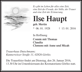 Traueranzeige von Ilse Haupt von Südthüringer Presse