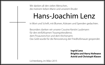 Traueranzeige von Hans-Joachim Lenz von Frankenpost