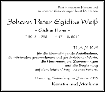 Traueranzeige von Johann Peter Egidius Weiß von Südthüringer Presse