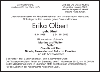 Traueranzeige von Erika Olbert von Neue Presse Coburg