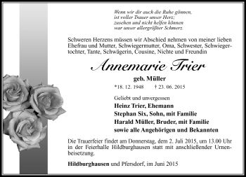 Traueranzeige von Annemarie Trier von Südthüringer Presse
