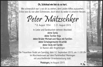 Traueranzeige von Peter Mätzschker von Südthüringer Presse