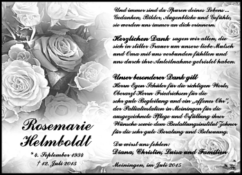 Traueranzeige von Rosemarie Helmboldt von Südthüringer Presse