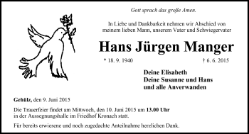 Traueranzeige von Hans Jürgen Manger von Neue Presse Coburg