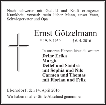 Traueranzeige von Ernst Götzelmann von Neue Presse Coburg
