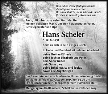 Traueranzeige von Hans Scheler von Südthüringer Presse