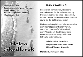 Traueranzeige von Helga Skudlarek von Südthüringer Presse