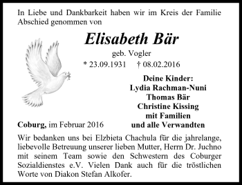 Traueranzeige von Elisabeth Bär von Neue Presse Coburg