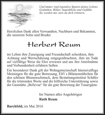 Traueranzeige von Herbert Reum von Südthüringer Presse