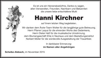 Traueranzeige von Hanni Kirchner von Südthüringer Presse
