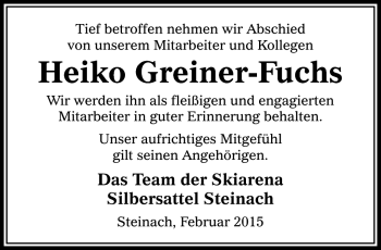 Traueranzeige von Heiko Greiner-Fuchs von Südthüringer Presse