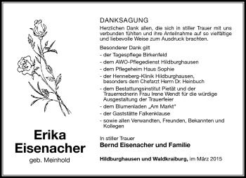 Traueranzeige von Erika Eisenacher von Südthüringer Presse