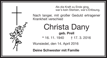 Traueranzeige von Christa Dany von Frankenpost