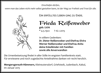 Traueranzeige von Frieda Reisenweber von Südthüringer Presse