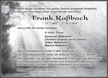 Traueranzeige von Frank Raßbach von Südthüringer Presse