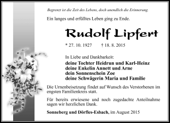 Traueranzeige von Rudolf Lipfert von Südthüringer Presse