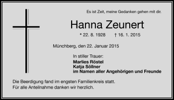 Traueranzeige von Hanna Zeunert von Frankenpost