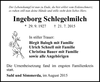 Traueranzeige von ingeborg Schlegelmilch von Südthüringer Presse