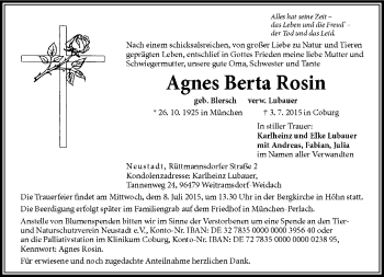 Traueranzeige von Agnes Berta Rosin von Neue Presse Coburg