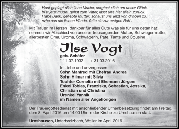 Traueranzeige von Ilse Vogt von Südthüringer Presse
