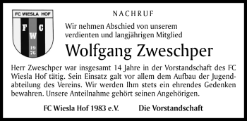 Traueranzeige von Wolfgang Zweschper von Frankenpost
