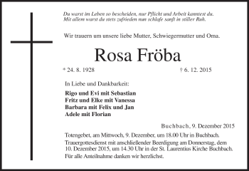 Traueranzeige von Rosa Fröba von Neue Presse Coburg