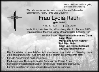 Traueranzeige von Lydia Rauh von Frankenpost