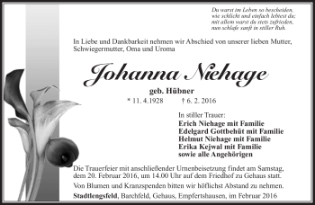 Traueranzeige von Johanna Niehade von Südthüringer Presse