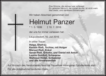 Traueranzeige von Helmut Panzer von Frankenpost
