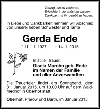 Traueranzeige von Gerda Ende von Südthüringer Presse