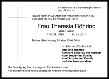 Traueranzeige von Theresia Röhring von Frankenpost