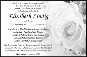 Traueranzeige von Elisabeth Lindig von Südthüringer Presse