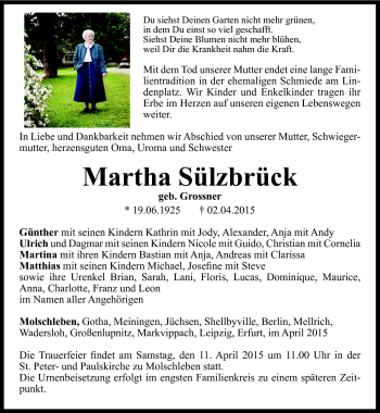 Traueranzeige von Martha Sülzbrück von Südthüringer Presse