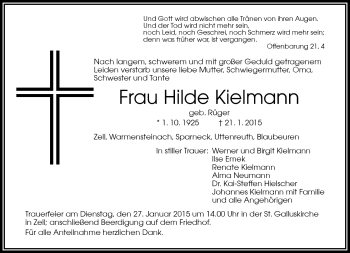 Traueranzeige von Hilde Kielmann von Frankenpost