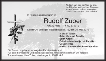 Traueranzeige von Rudolf Zuber von Frankenpost
