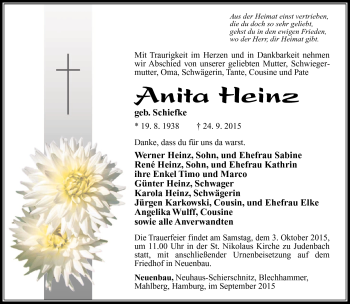 Traueranzeige von Anita Heinz von Südthüringer Presse