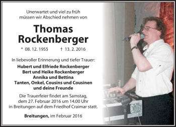 Traueranzeige von Thomas Rockenberger von Südthüringer Presse